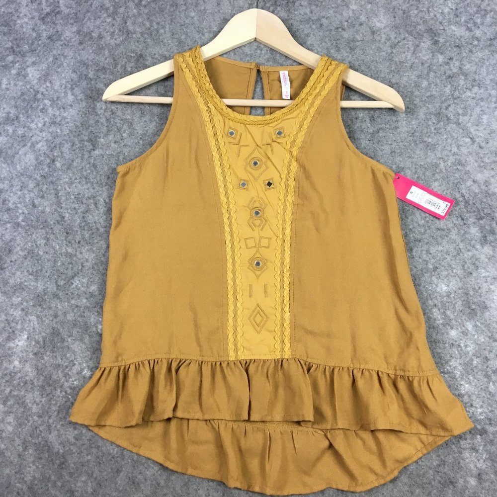 Xhilaration Tank Top S Boho Oversize Flowy High Low Ruffle Hem Mustard Yellow